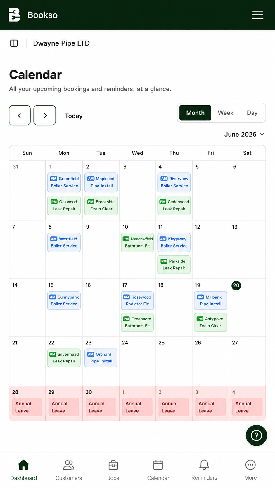 Bookso calendar shown on a mobile phone
