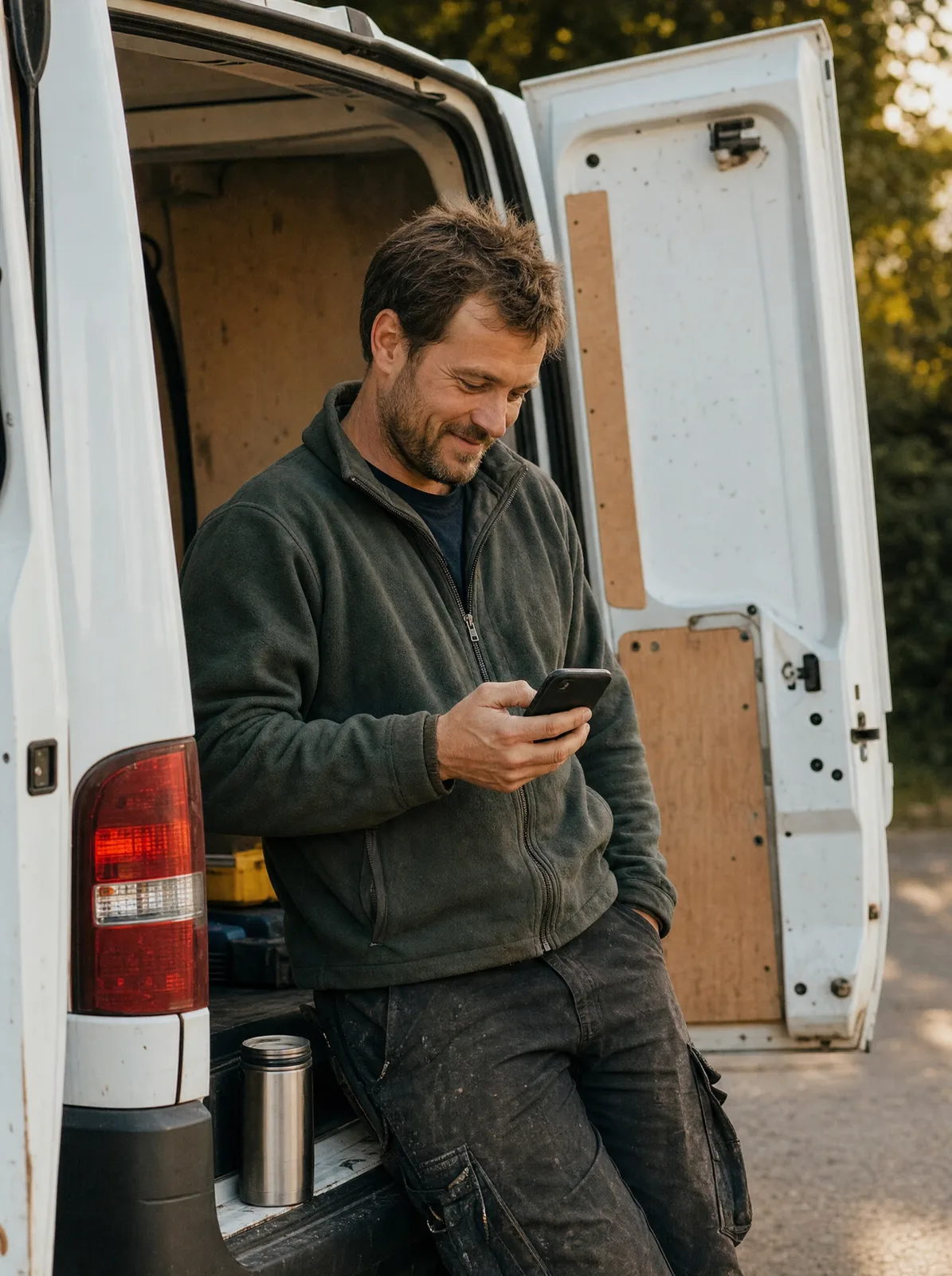 Tradesperson reviewing a full diary with a cup of tea