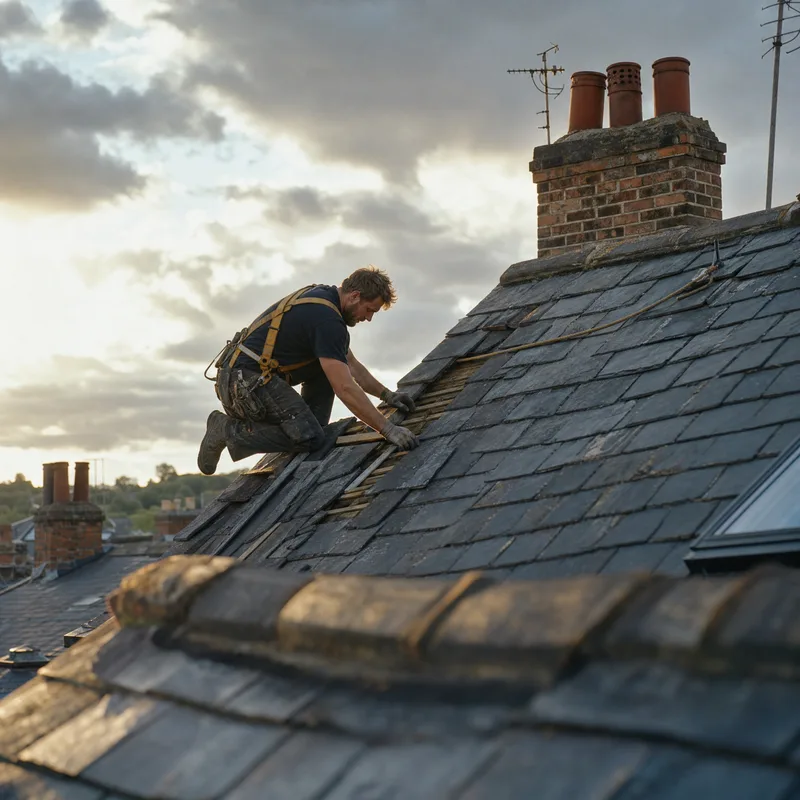 Roofer inspecting tiles on a pitched roof